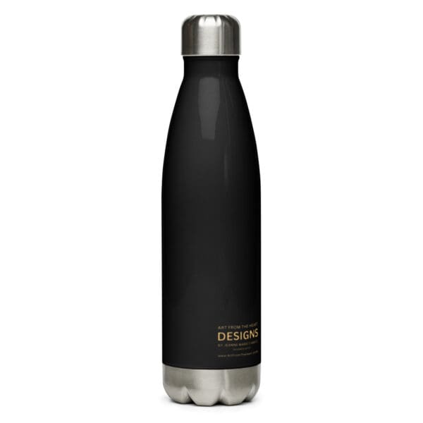 A black water bottle with a silver lid.