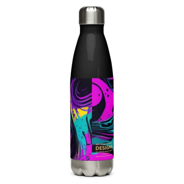 A black and purple water bottle with a design on it.