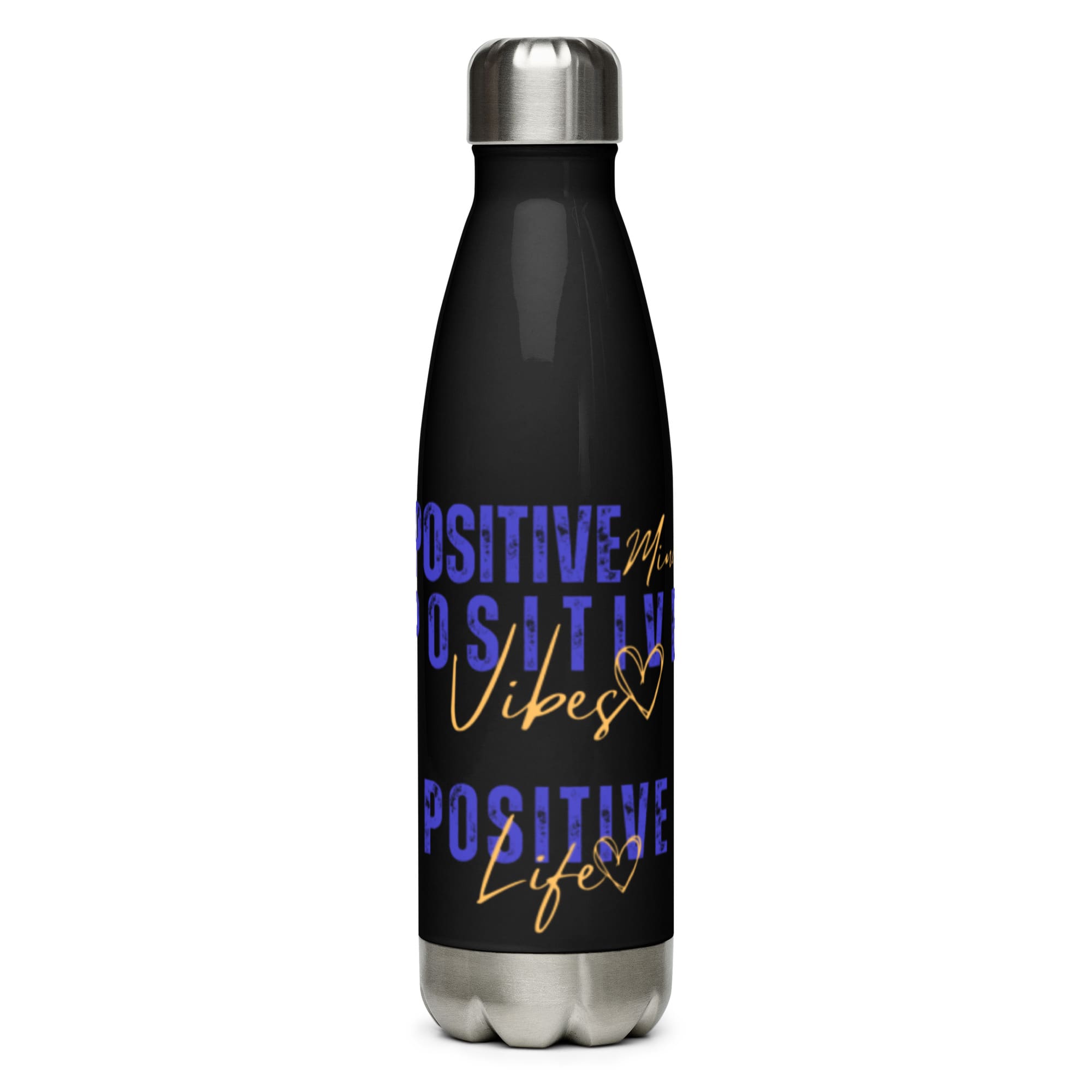 A black water bottle with blue and purple lettering.