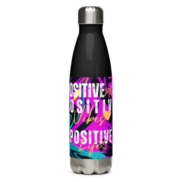 A water bottle with the words " positive positivity " written on it.