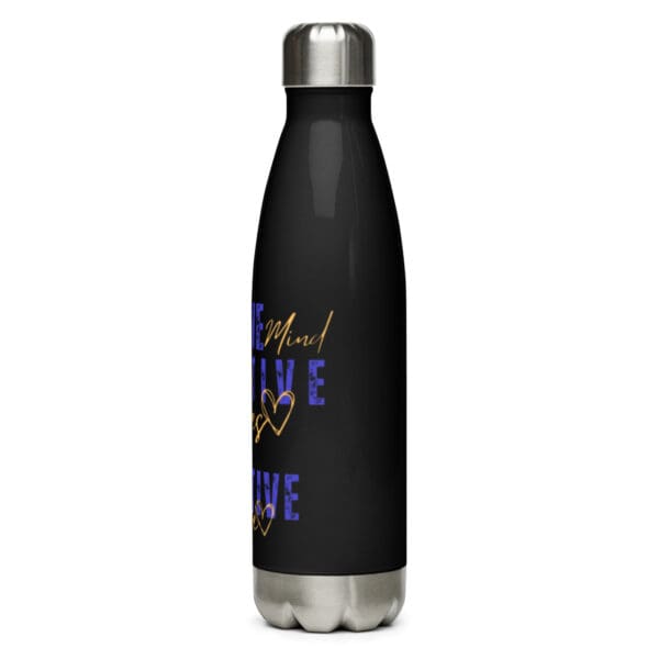 A black water bottle with the words " live and learn " on it.