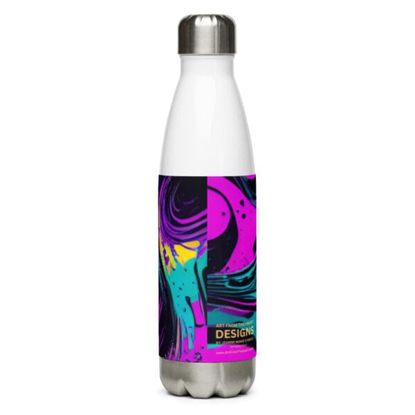 A water bottle with a colorful design on it.