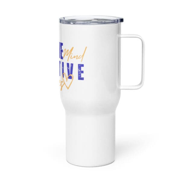 A white travel mug with the words " live local active."