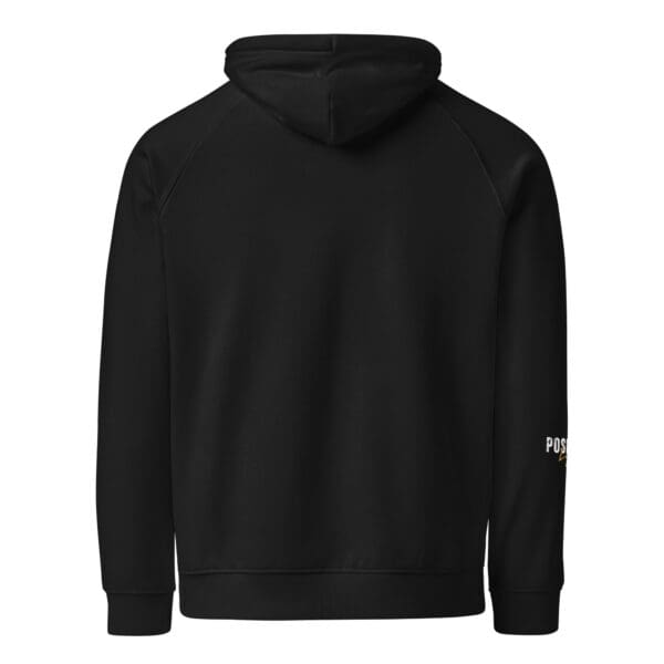 A black hoodie with a white logo on the front.