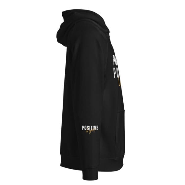 A black hoodie with a white logo on the side.