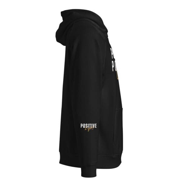 A black hoodie with a white logo on the side.