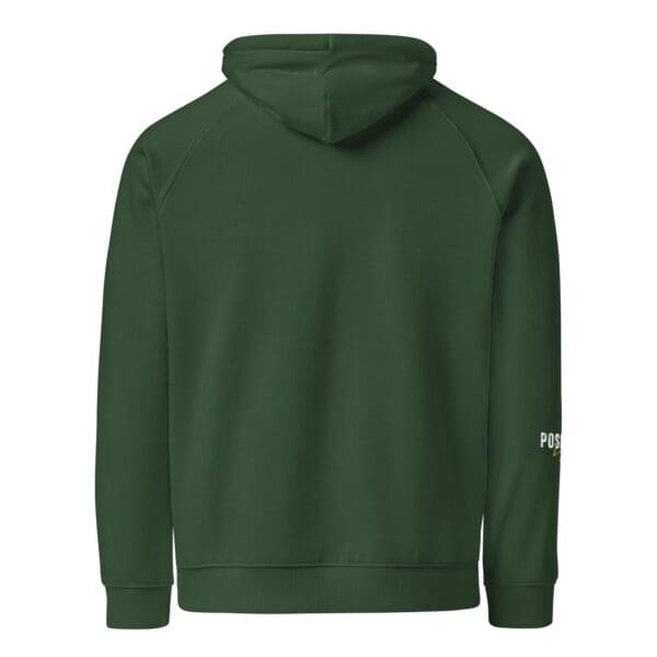 A green hoodie with a white logo on the back.