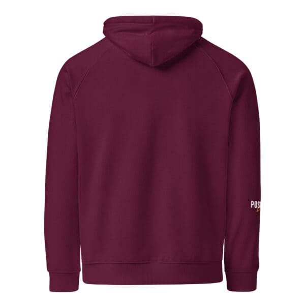 A maroon hoodie with the words " stay warm " on it.