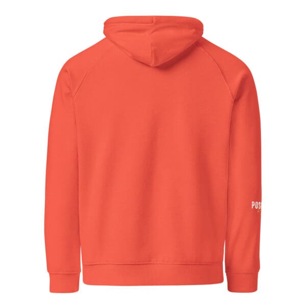 A red hoodie with a white logo on the front.