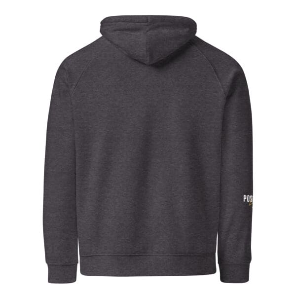 A dark colored hoodie with a white logo on the front.