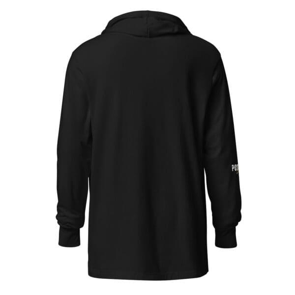 A black long sleeve shirt with a white logo on it.