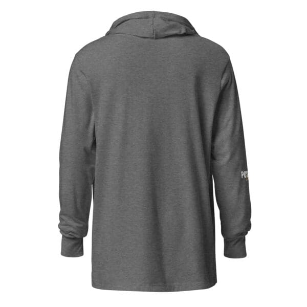 A gray long sleeve shirt with a white and black logo on the back.