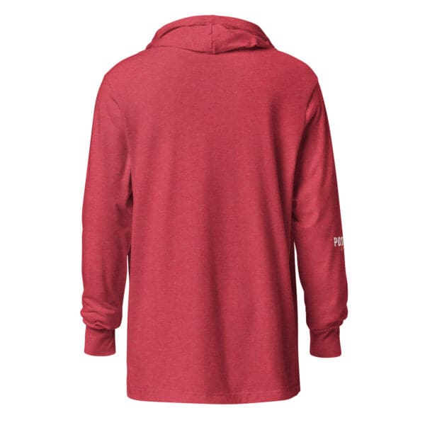 A red hooded sweatshirt with a pocket on the back.