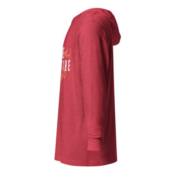 A red long sleeve shirt with the word " life " on it.