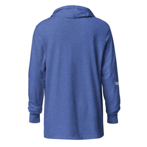 A blue long sleeve shirt with a white logo on the back.