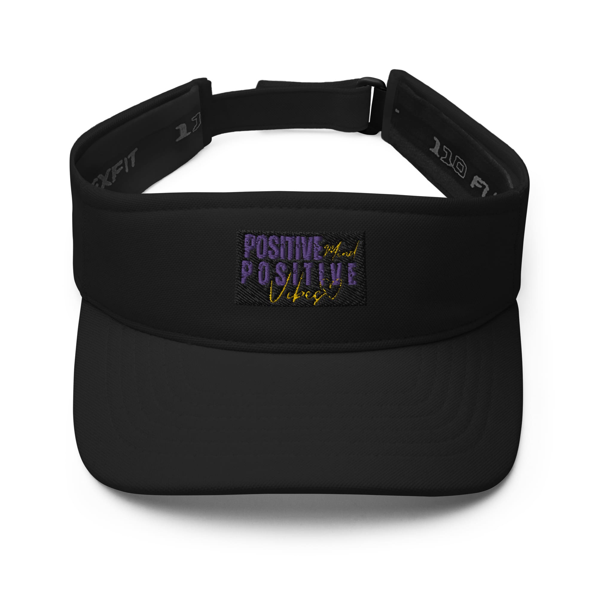 A black visor with the words positive positive energy on it.