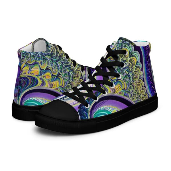 A pair of shoes with a picture of a colorful painting.