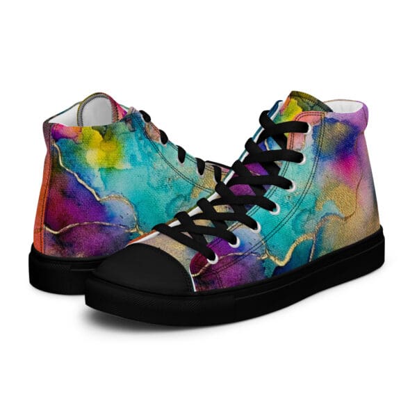 A pair of colorful shoes with abstract designs.