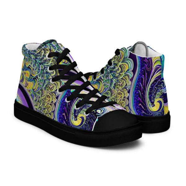 A pair of shoes with a colorful design on them.