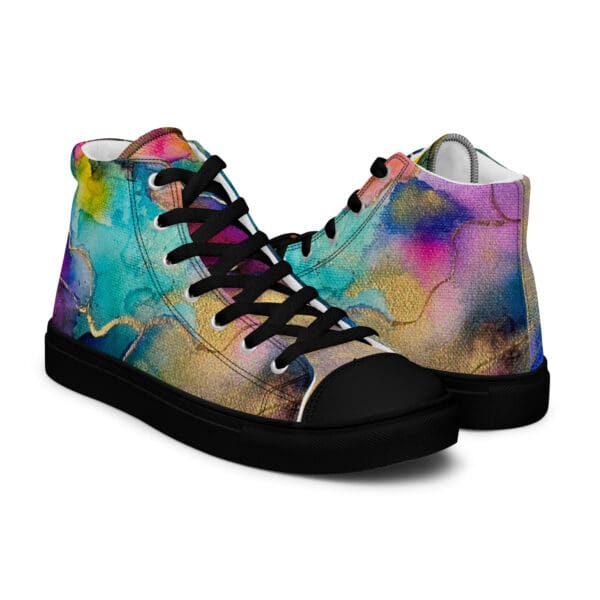 A pair of shoes with colorful abstract art on them.