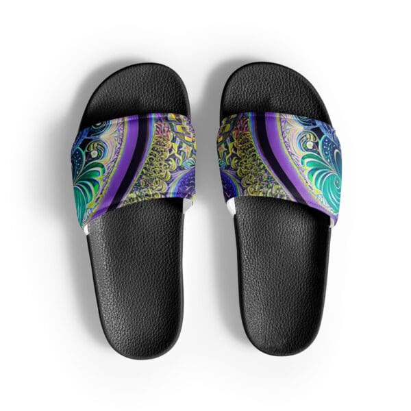 A pair of black sandals with a colorful design.