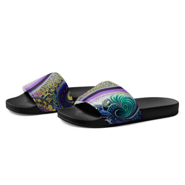 A pair of sandals with a colorful design on them.