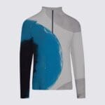 Abstract design pullover with colorful patterns.