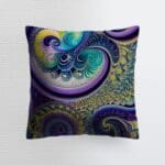Colorful decorative pillow with swirling patterns.