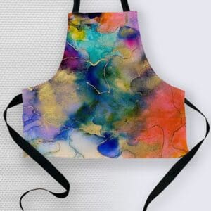 Colorful watercolor-patterned apron with black ties.