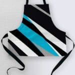 Stylish black and blue striped apron.