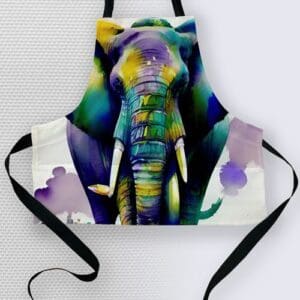 Colorful elephant-themed apron design.