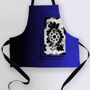 Blue apron with black floral design.