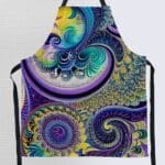 Colorful abstract design on kitchen apron.