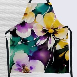 Floral-patterned apron in vibrant colors.