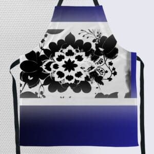 Floral patterned apron in blue and black.