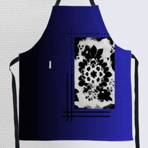 Blue apron with black floral design.