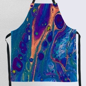 Colorful abstract design on a cooking apron.