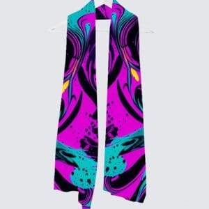 Colorful abstract patterned scarf on hanger.