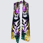 Colorful animal-print scarf hanging on display.