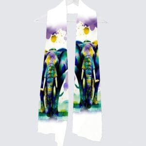 Colorful elephant-patterned scarf displayed on hanger.