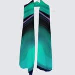 Colorful scarf hanging on a white background.