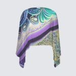 Colorful patterned scarf draped stylishly.