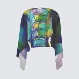 Colorful elephant-patterned scarf draped elegantly.