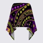 Colorful patterned scarf in purple and gold.