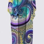 Colorful patterned kimono with swirling designs.
