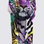 Colorful tiger print kimono-style garment.