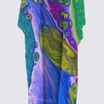 Colorful abstract pattern kimono-style garment.