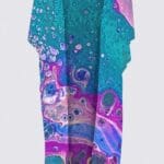 Colorful, abstract-patterned garment on display.