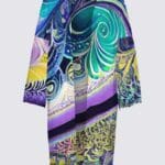 Colorful patterned kimono-style robe.