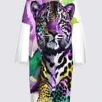 Colorful dress featuring a leopard illustration.